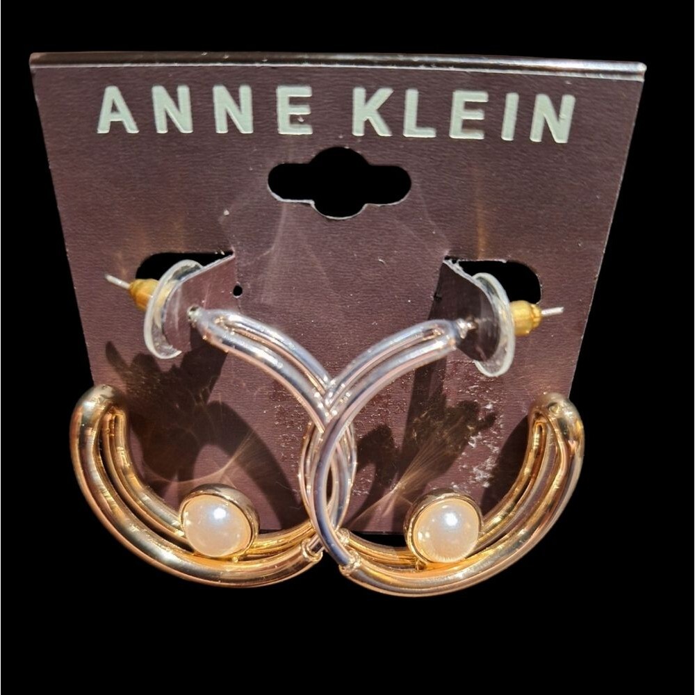 Anne Klein Elegant Gold and Silver Hoop Earrings with Flux Pearl